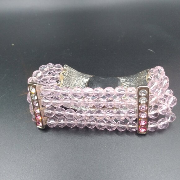 Pink Glass Beads Stretch Watch With Pink & Clear Rhinestones - Picture 2 of 7